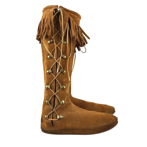 Minnetonka VTG Womens Size Brown Suede Fringe Lace-Up Knee High